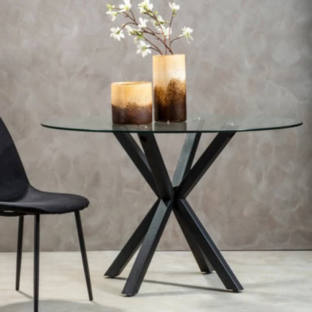 Orsina Elegant Glass Top Dining Table With Black Metal Legs, Contemporary Dining Table, Sturdy Modern Table