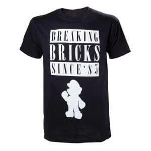 Nintendo Super Mario Bros. Breaking Bricks Since '85 with White Mario Silhouette Mens Small Black T-Shirt