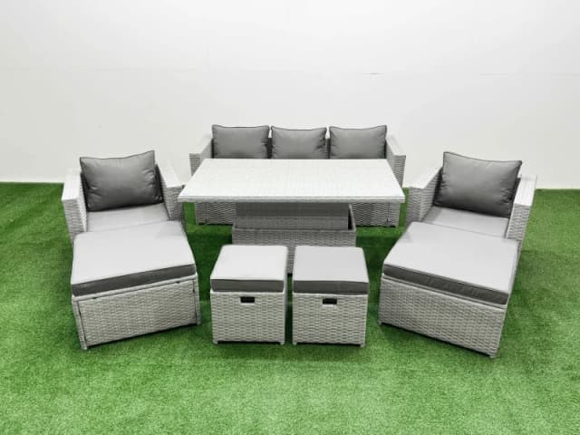Fimous 8 Pcs Rising Dining Table Set Rattan Furniture Set With 3 Seater Sofa Chair 2 Big Footstools 2 Small Footstools Light Grey