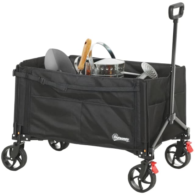 Outsunny Folding Trolley On Wheels - Garden Cart With Openable Sides - Black TJ Hughes 5063603329577