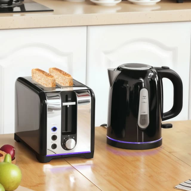 HOMCOM HOMCOM 1.7L 3000W Fast Boil Kettle and 2-Slice Toaster Set with Otter Thermostat in Black One Size Unisex 5063603489127