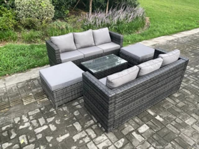Fimous Rattan Garden Furniture Set Indoor Outdoor Patio Sofa Set with Oblong Coffee Table 2 Big Footstool 8 Seater Dark Grey Dark Grey