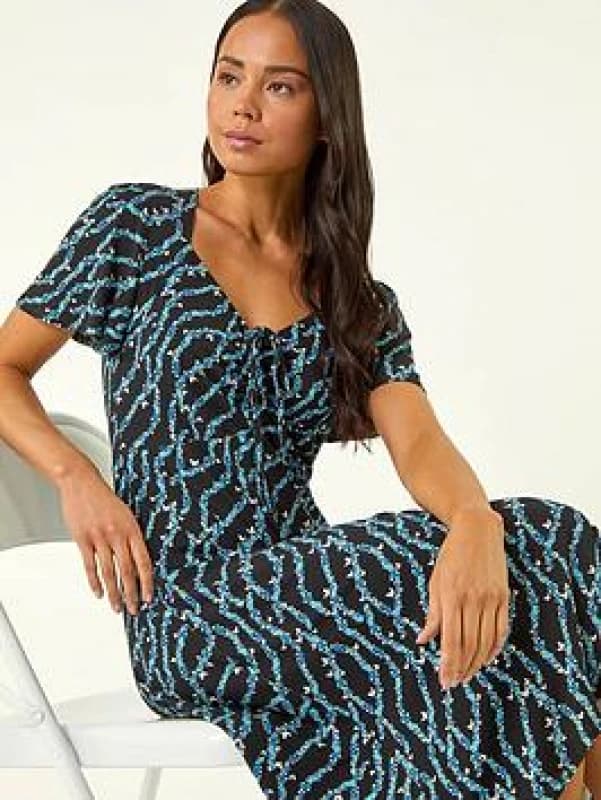 Roman Womens Petite Butterfly Drawstring Midi Dress in Navy Size: 16 Navy Female 16