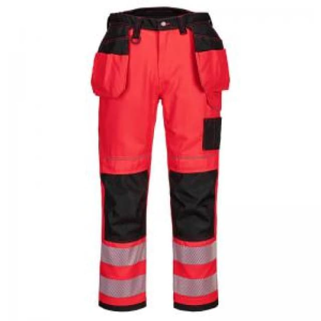 Portwest PW3 Hi Vis Holster Pocket Work Trousers T501RBK48 Colour: Red / Black