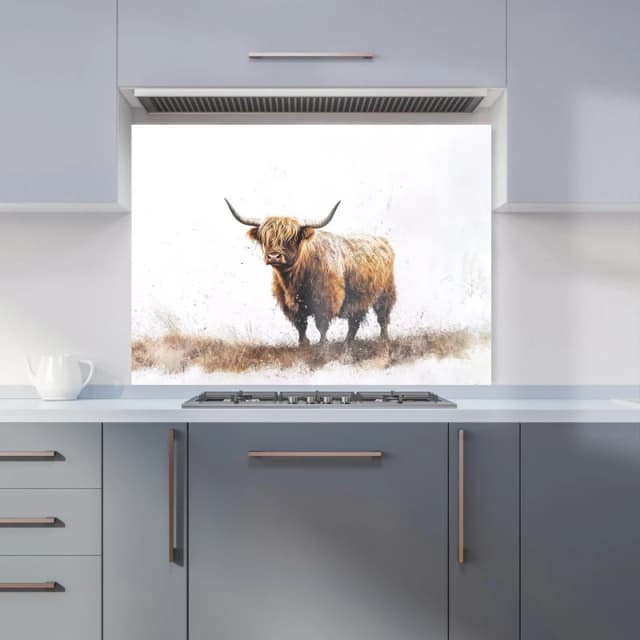 Warren Reed - Designer Highland Cow Watercolour Kitchen Splashback in Brown Size: 900mm x 650mm Brown Unisex 900mm x 650mm