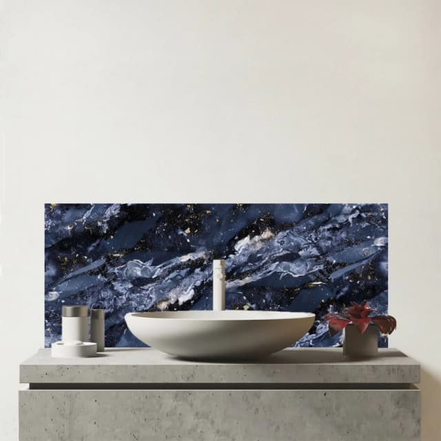 Warren Reed - Designer Deep Ocean Blue Quartz Effect Glass Bathroom Splashback in Brown Brown Unisex