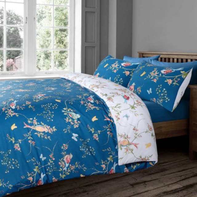 Velosso Birds Floral Cotton Rich Printed Duvet Cover & Pillowcase Set in Navy Size: Double Navy Unisex Double
