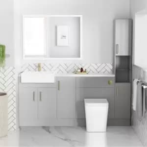 1800mm - 2100mm Grey Toilet and Sink Unit with Tall Cabinet Marble Effect Worktop and Brushed Brass Fittings - Coniston