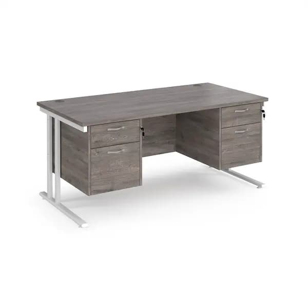 Maestro 25 straight desk 1600mm x 800mm with two x 2 drawer pedestals - white cantilever leg frame, grey oak top