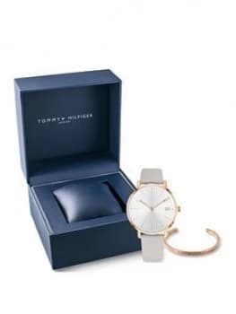 Tommy Hilfiger White Dial Leather Strap Watch & Bangle Gift Set