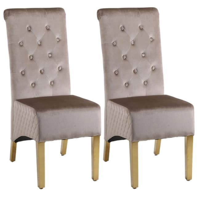 Modernique Modernique A Pair (x2) Velvet High Back Dining Chairs with Golden Chrome Knocker & Legs in Brown Brown One Size Unisex 5061017320333