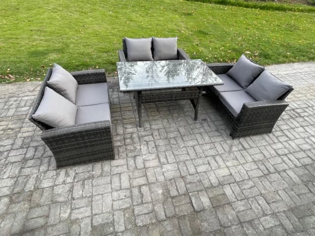 Fimous 6 Seater Rattan Wicker Garden Furniture Patio Conservatory Sofa Set Indoor Outdoor with Dining Table Double Seat Sofa in Dark Grey Dark Grey Un