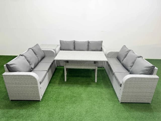 Fimous PE Rattan Lounge Sofa Set 9 Seater Outdoor Garden Furniture Set with Rectangular Dining Table 3 Seater Sofa Side Table Light Grey Light Grey