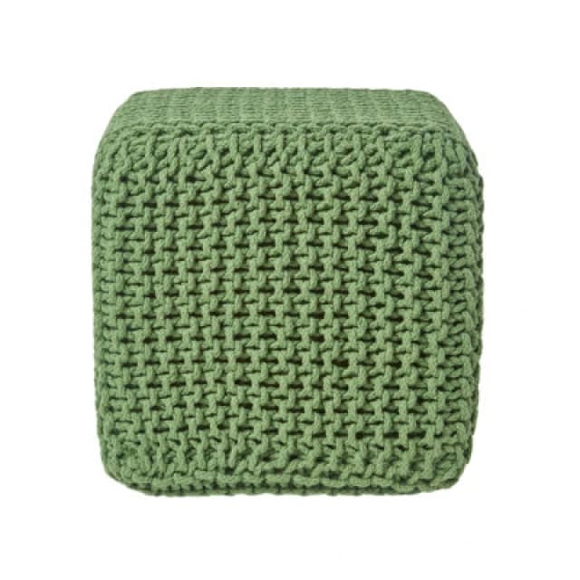 Homescapes Forest Green Cube Cotton Knitted Pouffe Footstool