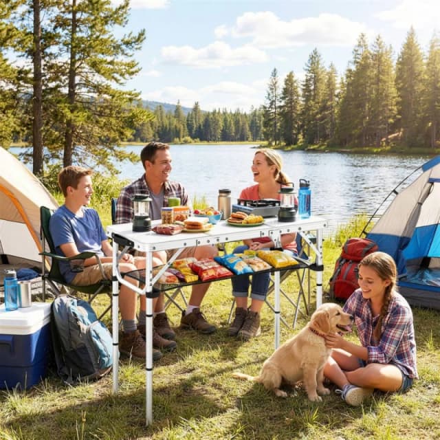 OUTSUNNY 3ft Folding Camping Table, Picnic Table with Storage Layer in Cream Cream Unisex
