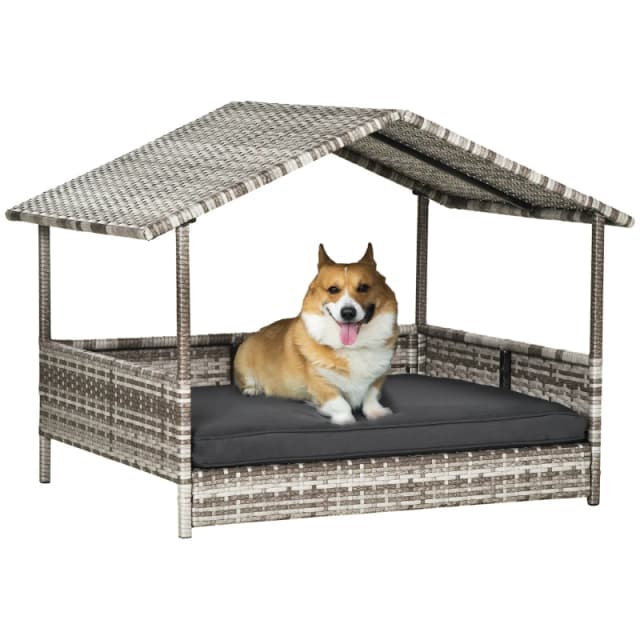 PawHut PawHut Wicker Dog House, Rattan Pet Bed with Soft Cushion - Dark Grey