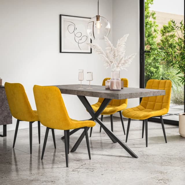 More4Homes Donni Dining Table And Chairs - Concrete Effect Table Top W Black Legs + Nova Velvet Dining Chair Set Of 4 (Mustard)