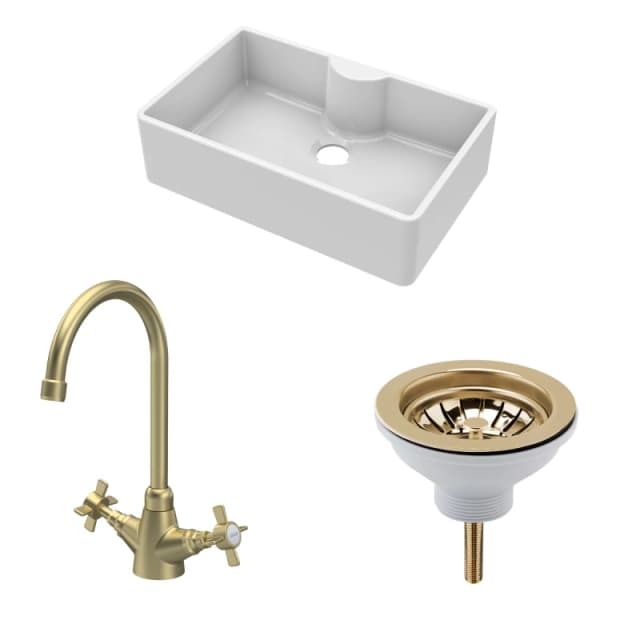 Balterley Fireclay 1 Bowl Butler Sink Tap Ledge Waste Tap Brushed Brass 795mm Bronze