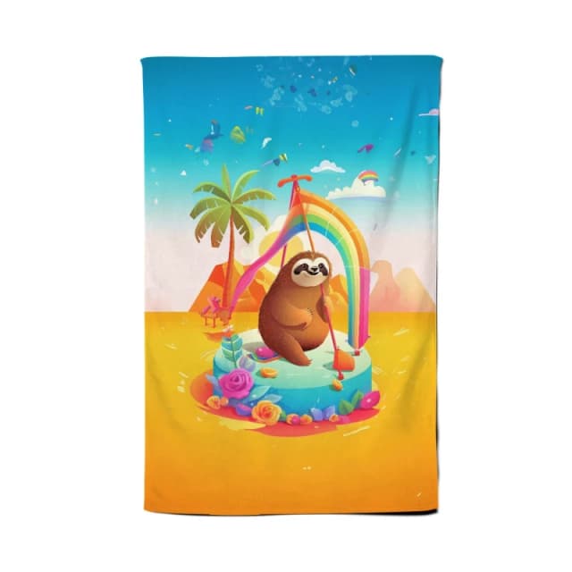 Warren Reed - Designer Sloth On A Beach Holiday Tea Towel in Yellow Yellow Unisex