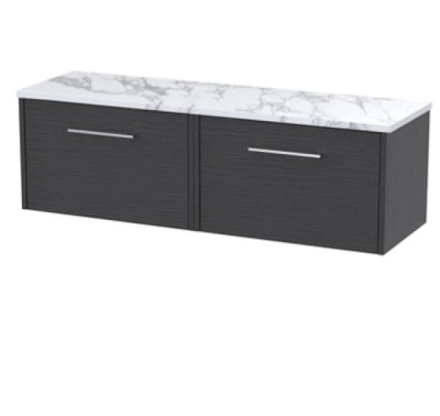 Nuie Hudson Reed Juno Wall Hung 1-Drawer Vanity Unit & Carrera Marble Worktop, Countertop Basin Unit In Graphite Grey Woodgrain, 600mm