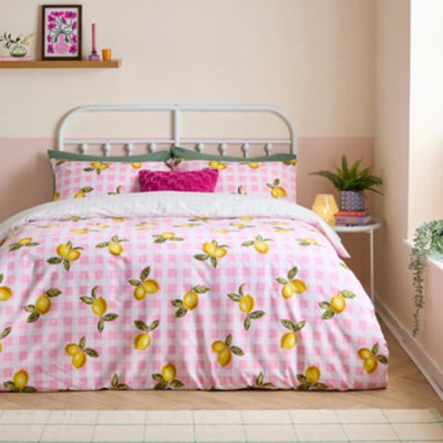 Heya Home Gingham Lemons Reversible Duvet Cover Set, Single