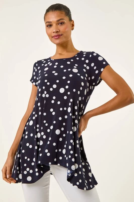 Roman Womens Spot Print Hanky Hem Stretch Top in Navy Size: 14 Navy Female 14