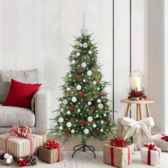 vidaXL Artificial Hinged Christmas Tree with White Balls Green 150cm PE and PVC, Green 3397409