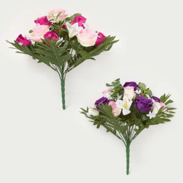 Homescapes Set Of 2 Artificial Pink & Purple Handcrafted Rose & Lily Bouquets, 35 X 30 Cm
