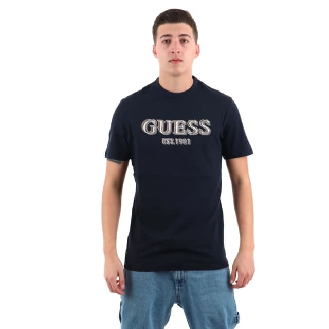 Guess Round Neck T-Shirt with Logo Guess Bleu Male XS