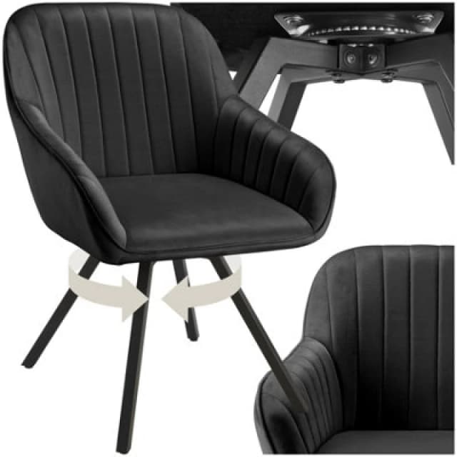 Tectake 1 Lounge Armchair Living Room Accent Chair 360 Swivel Slim Steel Legs Velvet Fabric - Black