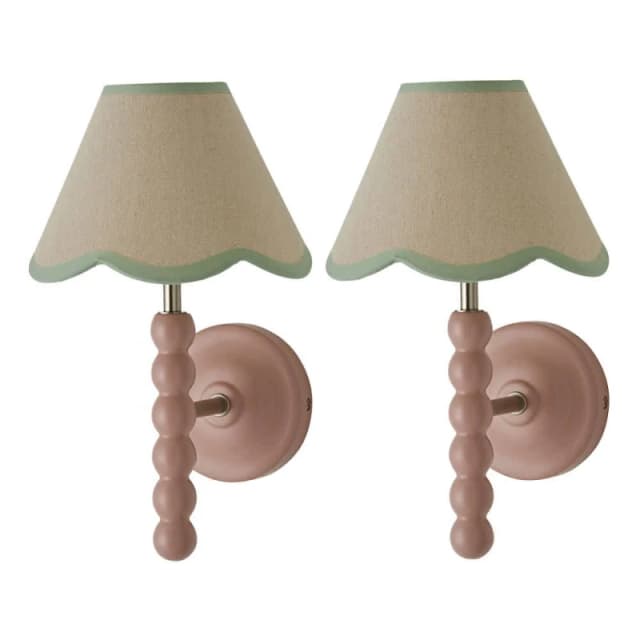 ValueLights Bobbins Pair of Pink Wall Lights with Linen Trim Lamp Shades & Bulbs in Pale Green Pale Green Unisex
