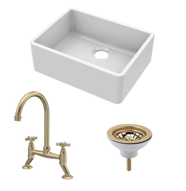 Balterley Single Bowl Butler Sink, Strainer Waste & Bridge Crosshead Mixer Tap Bronze