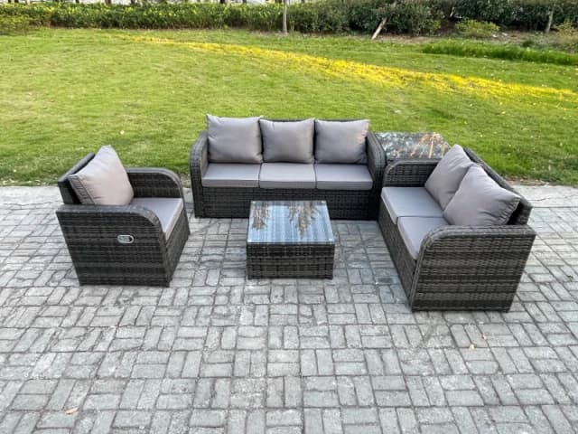 Fimous Rattan Garden Furniture 5 Piece Patio Set With Table Sofa Square Coffee Table Reclining Chair Loveseat sofa Side Table Dark Grey