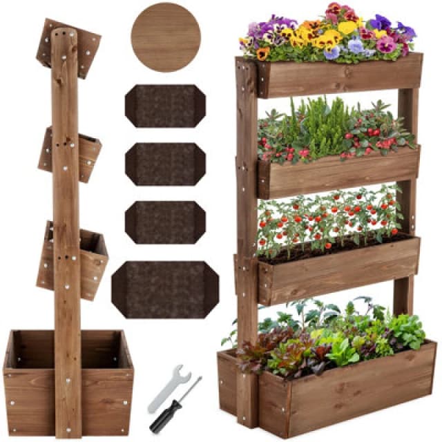 Tectake Vertical Planter Flora In A Rustic Wooden Design With 3 To 5 Tiers And Plant Fleece Included 85 X 45 X 140 Cm - Brown