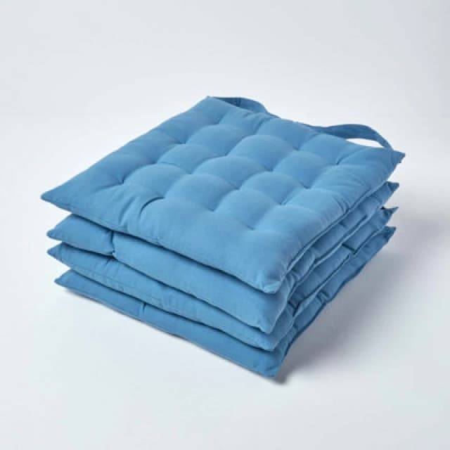 Homescapes Airforce Blue Seat Pads Or Cotton Chair Cushions 40X40 Cm, Set Of 4 Plain Chair Pads For Dining, Kitchen Or Outdoor