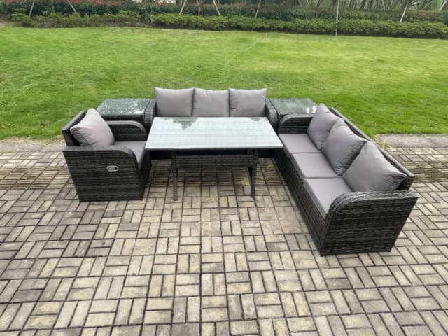Fimous 7 Seater Rattan Garden Furniture Set Oblong Rectangular Dining Table & Chairs Set with 3 Seater Sofa 2 Side Tables Dark Grey Mixed Dark Grey Un