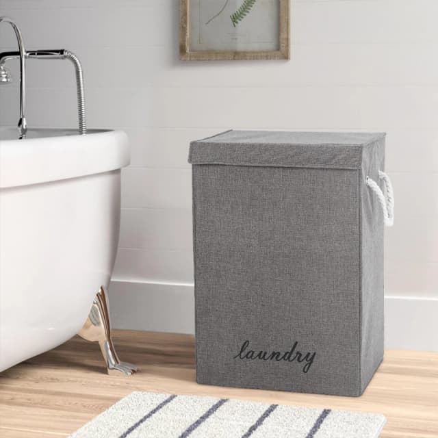 Cottonfy UK Linen Laundry Basket with White Rope Handles - Grey Grey M