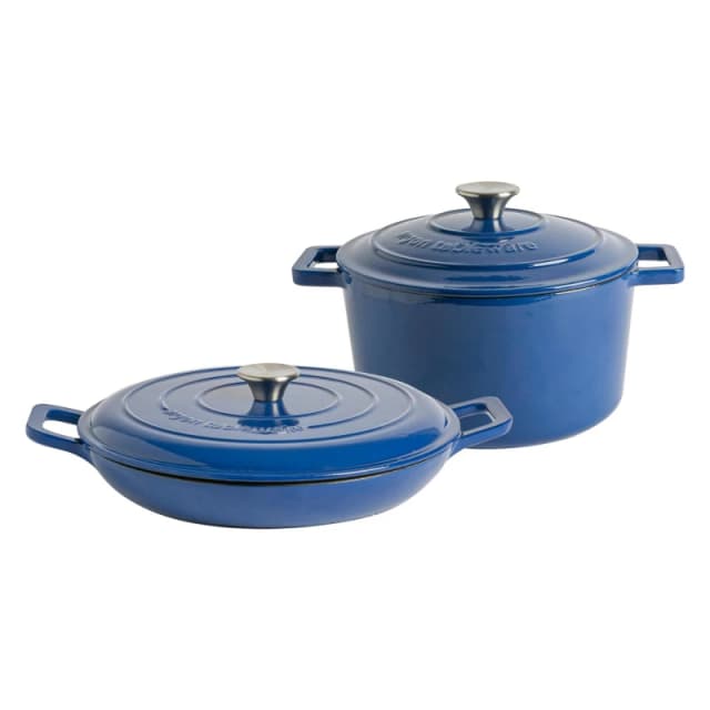 Argon Tableware 2Pc Cast Iron Casserole Dish Set - 2.3L & 4.5L Blue Enamel Finish, Oven Safe Dutch Oven Cookware With Lid