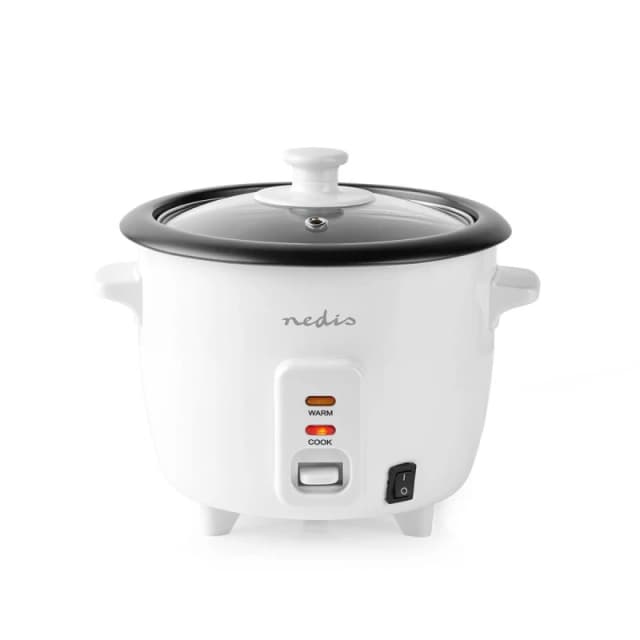 Nedis 0.6L Rice Cooker & Steamer with Keep-Warm Function, 300W, for 1-2 People, Quick Preparation Without Burning, Non-Stick Coating incl. Steamer Ins