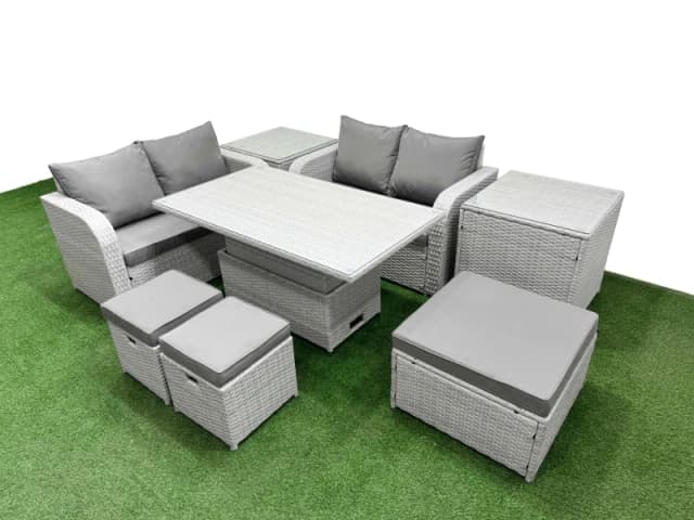 Fimous 7 Seater Outdoor Love Sofa Set Rattan Garden Furniture Set with Adjustable Lifting Dining or Coffee Table 3 Footstool 2 Side Tables Light Grey