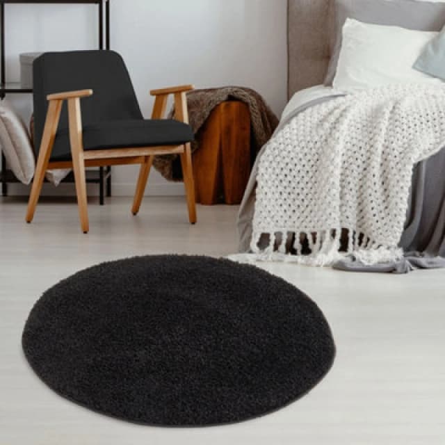 THE RUGS Shaggy Rugs Black Living Room Rug - Soft Fluffy Thick Carpet For Bedrooms & Kitchen Easy To Clean Home Decor Rugs Size: 120cm diameter Bla