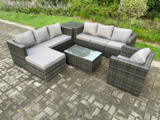 Fimous Wicker PE Rattan Sofa Set Outdoor Patio Garden Furniture with Armchair Oblong Coffee Table Side Table Big Footstool Dark Grey