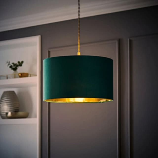 ValueLights ValueLights Reni Green Velvet with Gold Inner Easy Fit Ceiling Lamp Shade and Bulb in Bottle Green Size: Medium Bottle Green Medium Unis