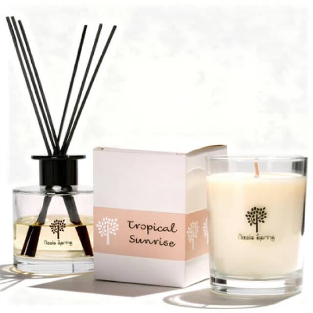 Nicola Spring Candle & Diffuser Set - 160G Tropical Sunrise Soy Wax Jar & 200ml Reed Diffuser - Fruity Summer Fragrance Long Burn