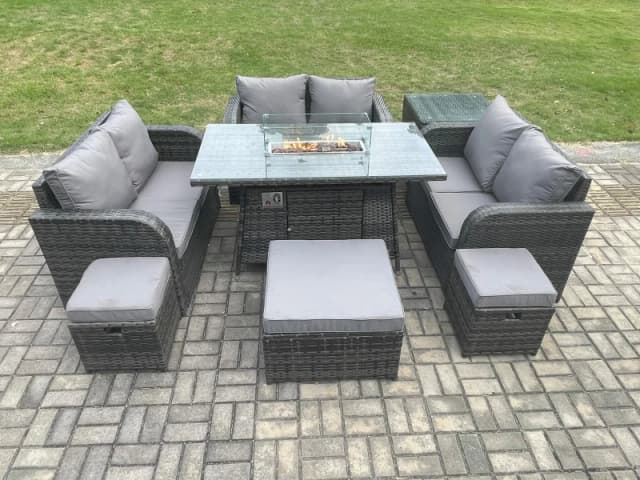 Fimous 9 Seater Outdoor Rattan Furniture Garden Dining Set Gas Fire Pit Table with Side Table Love Sofa 3 Footstools Dark Grey Mixed Dark Grey