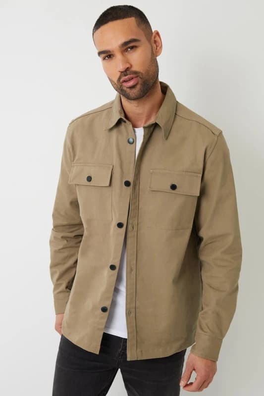 Threadbare 'Church' Cotton Twill Button Up Shacket Stone
