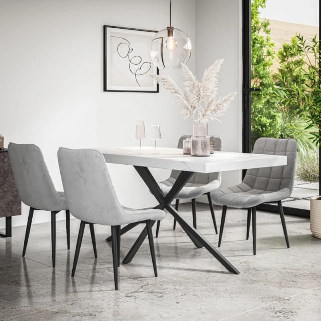 More4Homes Donni Dining Table And Chairs - White Marble Effect Table Top W Black Legs + Nova Velvet Dining Chair Set Of 6 (Grey)