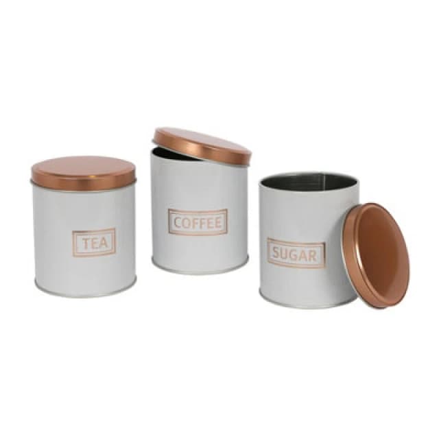 Harbour Housewares 3Pc Tea Coffee Sugar Canister Set - White/copper - Round Metal Airtight Kitchen Canister Tin Pots