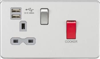 KnightsBridge 45A DP Switch & 13A Switched Socket with Dual USB Charger 2.4A - Brushed Chrome with grey insert