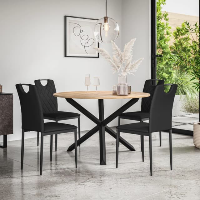 More4Homes Malvern Round Dining Table And Chairs - Oak Table Top W Solid Oak Black Legs + Monza Faux Leather Dining Chair Set Of 4 (Black)